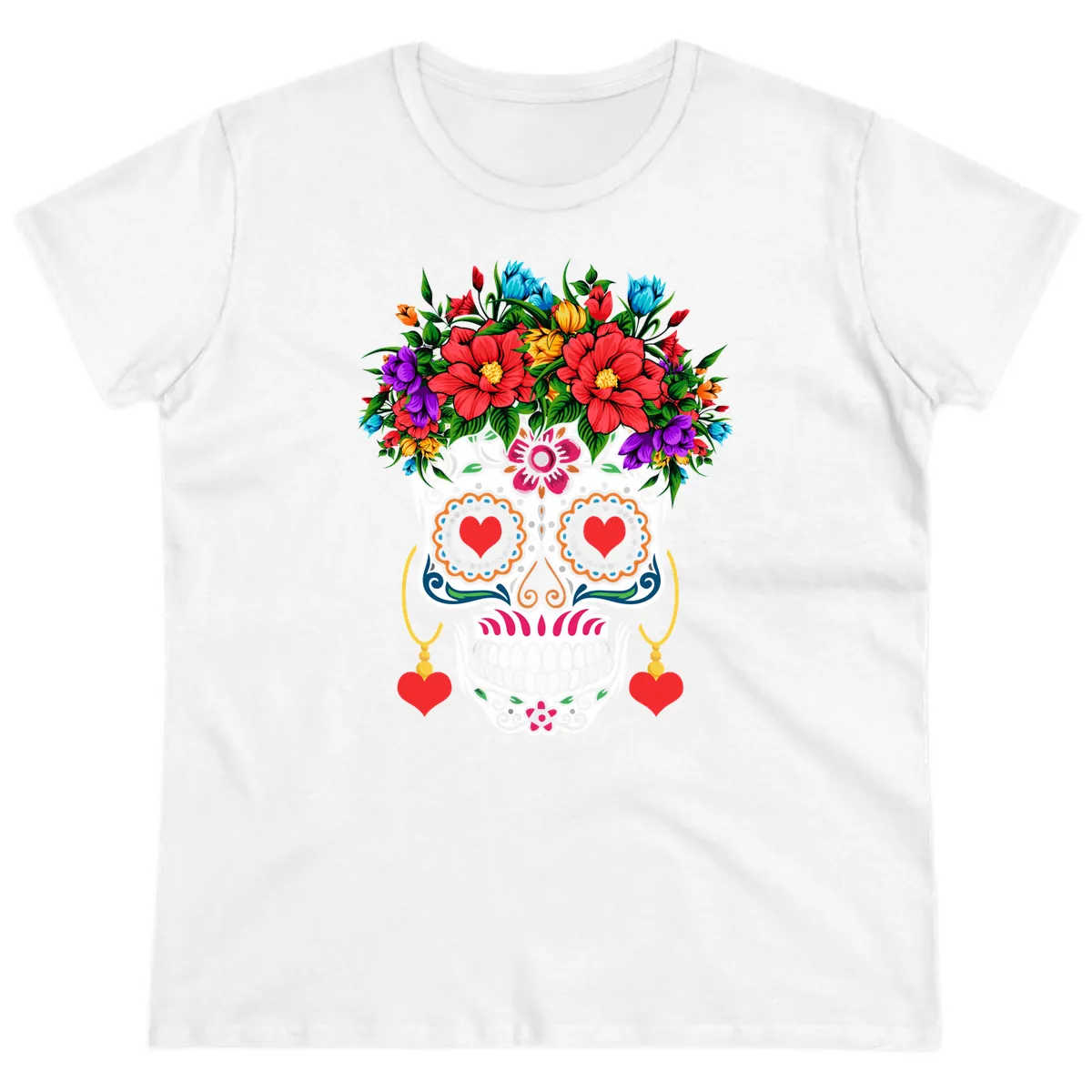 Floral Crown Calavera Sugar Skull Ladies Tee in White