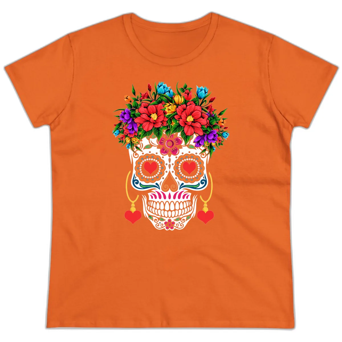 Floral Crown Calavera Sugar Skull Ladies Tee in Orange
