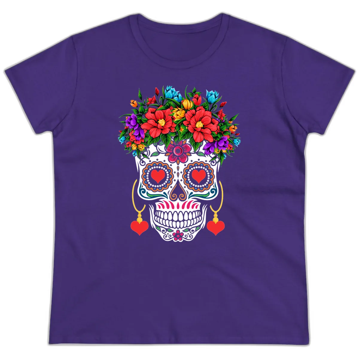 Floral Crown Calavera Sugar Skull Ladies Tee in Purple