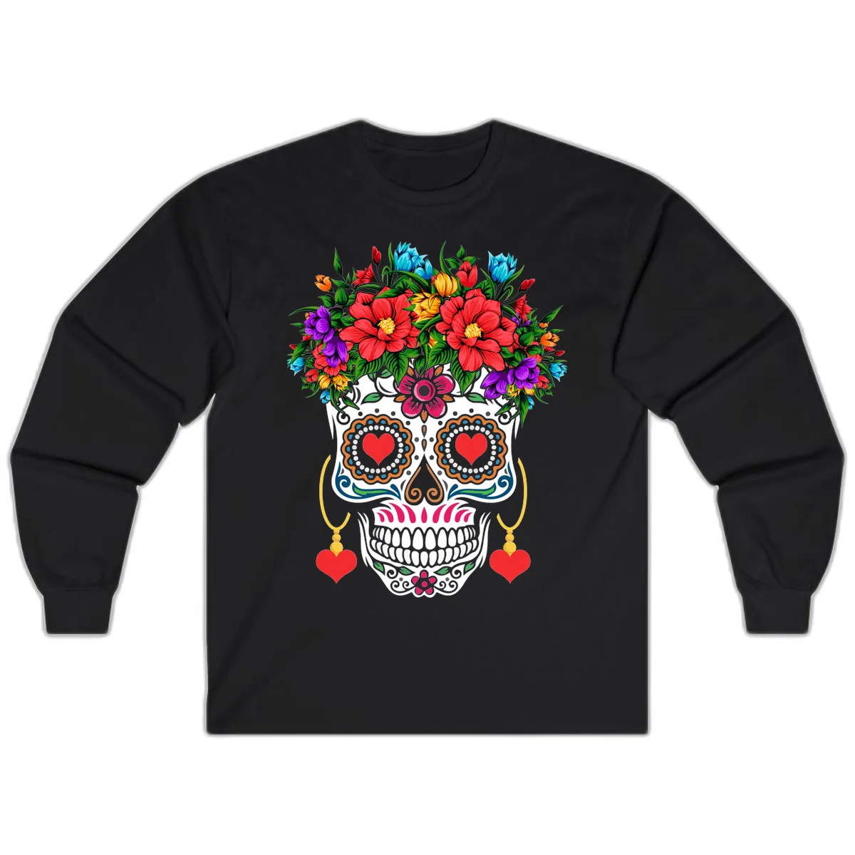 Floral Crown Calavera Sugar Skull Long Sleeve in Black