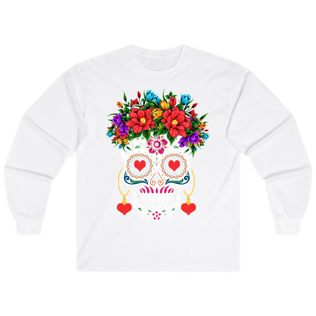 Floral Crown Calavera Sugar Skull Long Sleeve in White