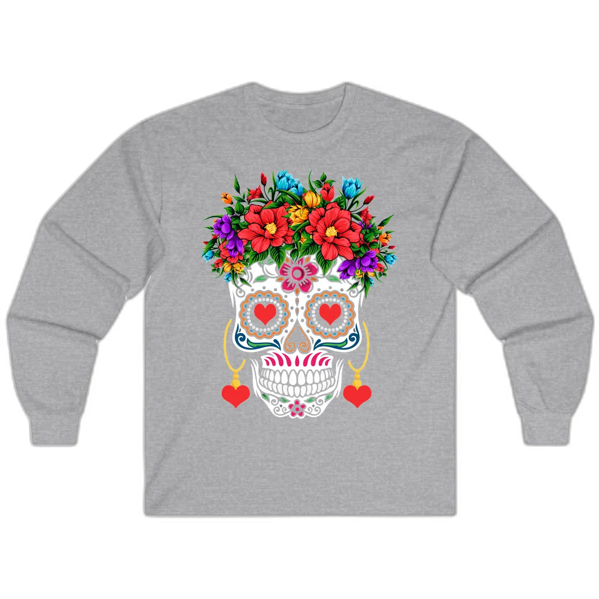 Floral Crown Calavera Sugar Skull Long Sleeve in Sport Grey