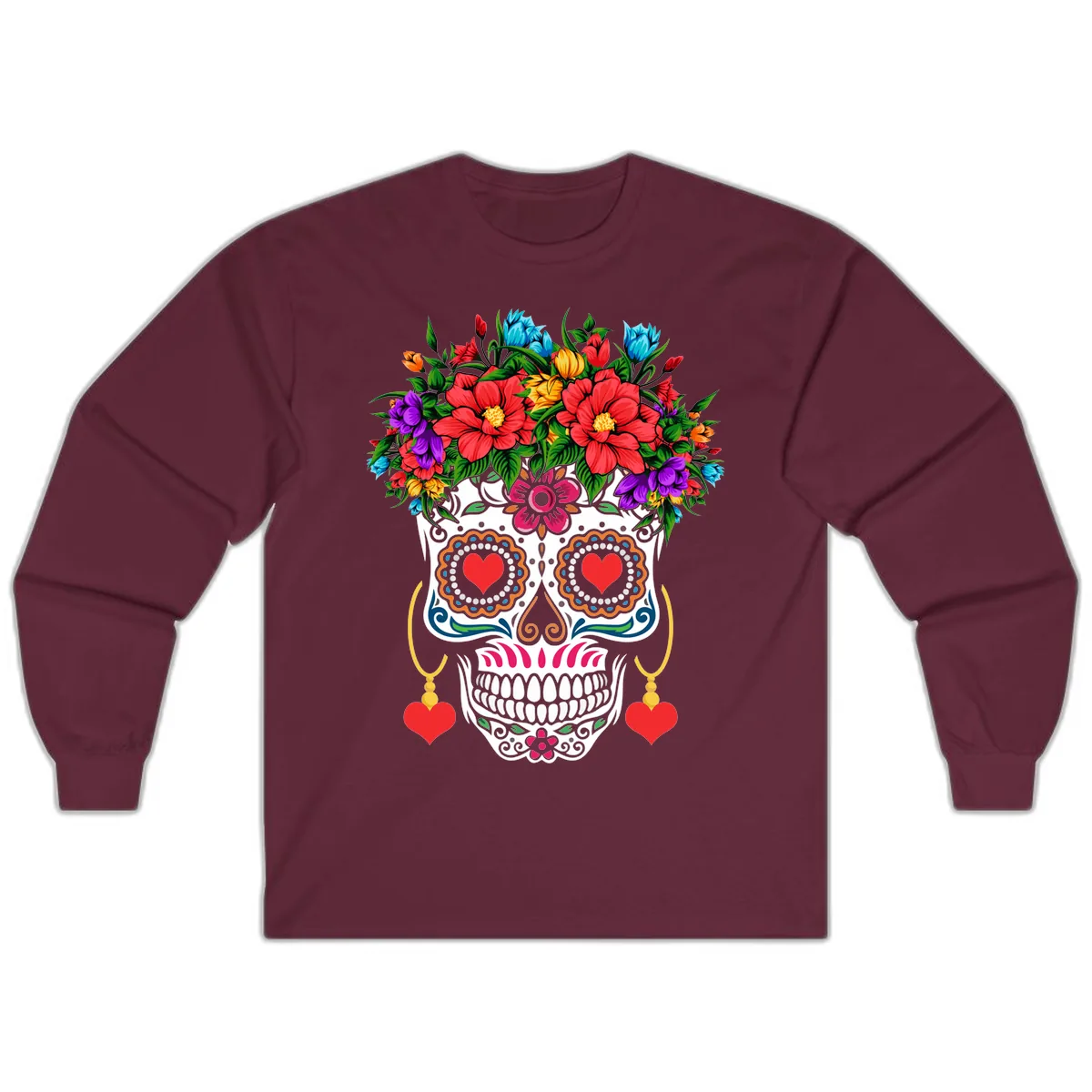 Floral Crown Calavera Sugar Skull Long Sleeve in Maroon