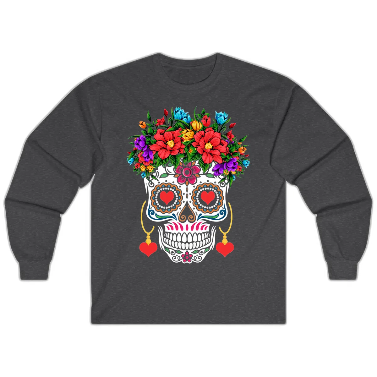 Floral Crown Calavera Sugar Skull Long Sleeve in Dark Heather