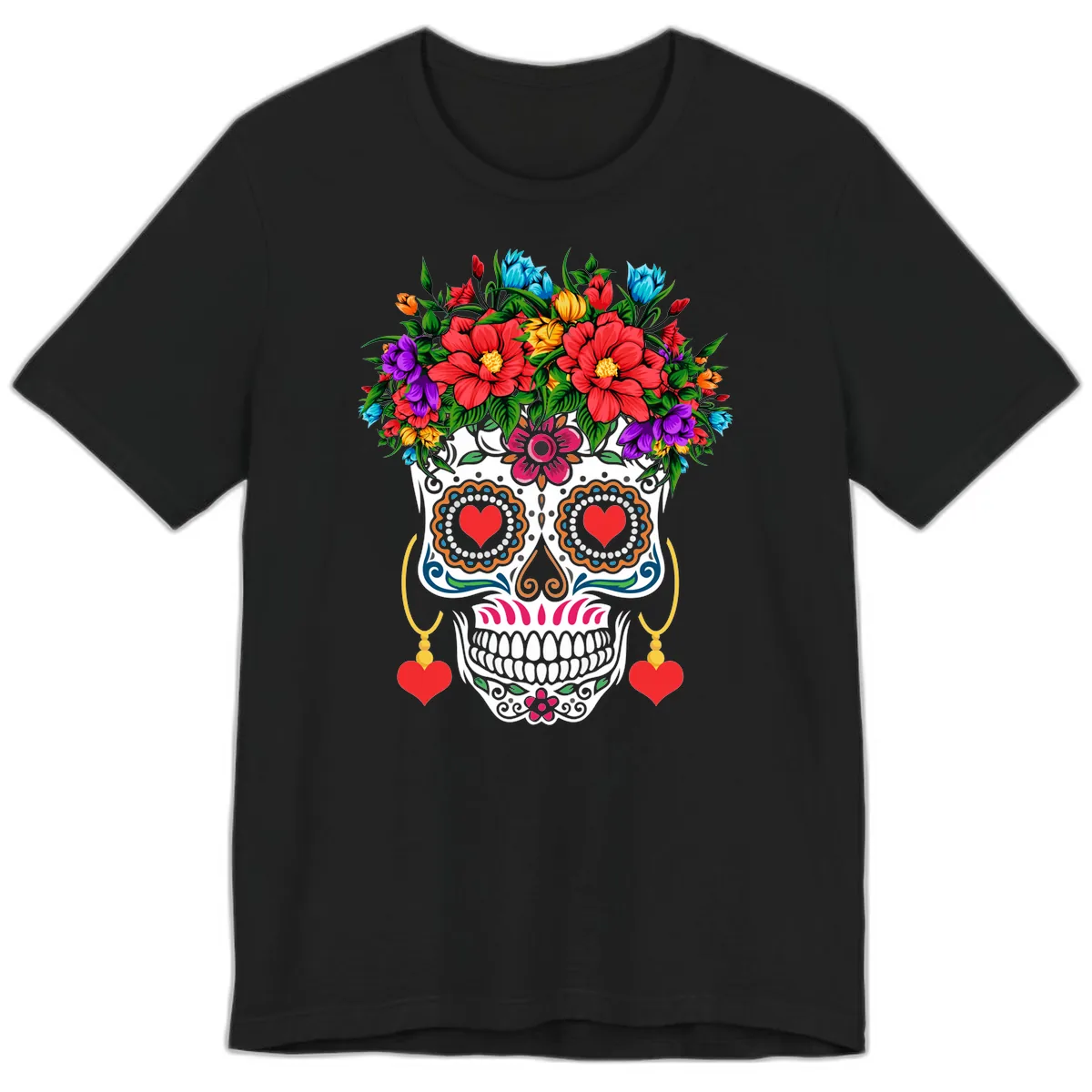 Floral Crown Calavera Sugar Skull Premium T-Shirt in Black