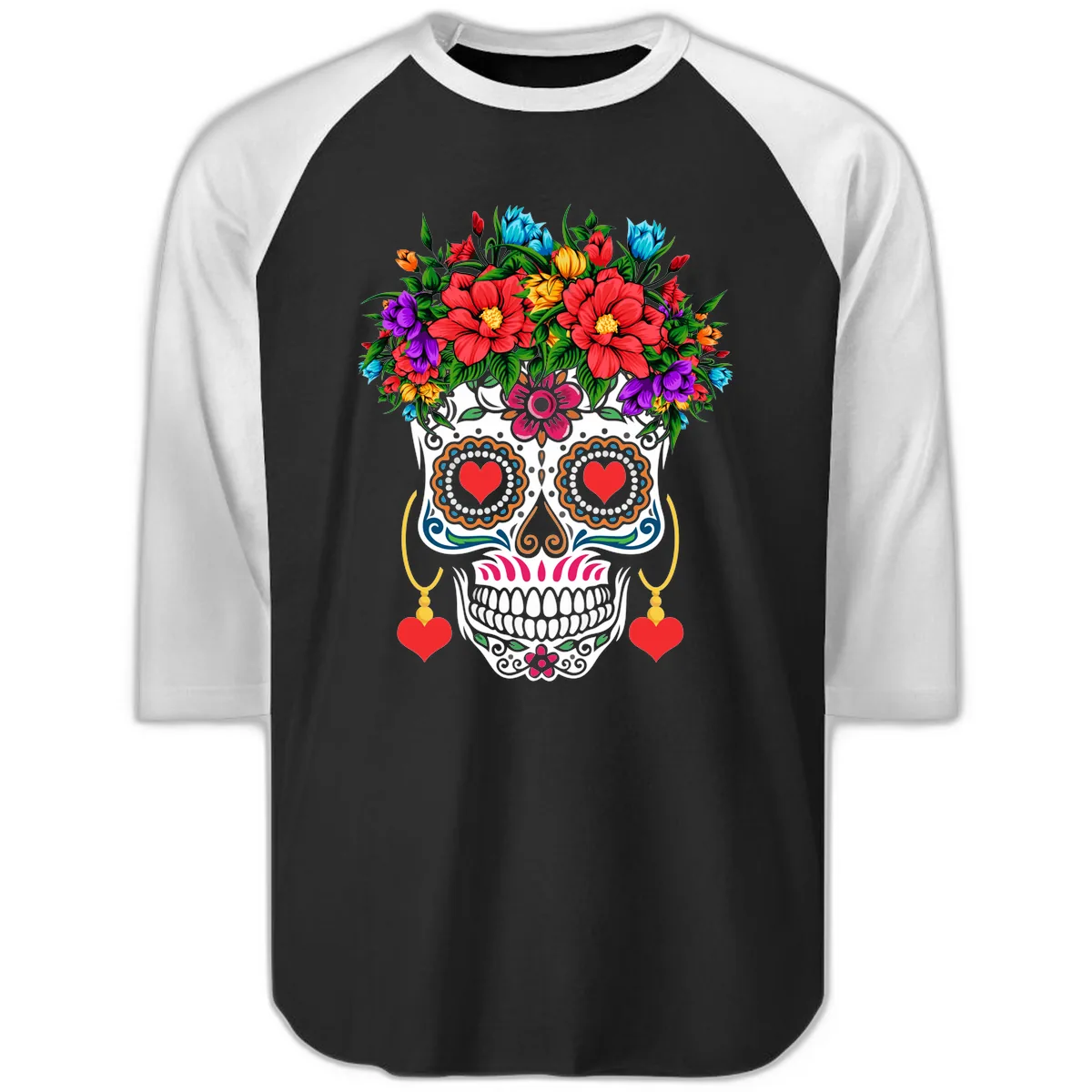 Floral Crown Calavera Sugar Skull Raglan 3/4 in Black White