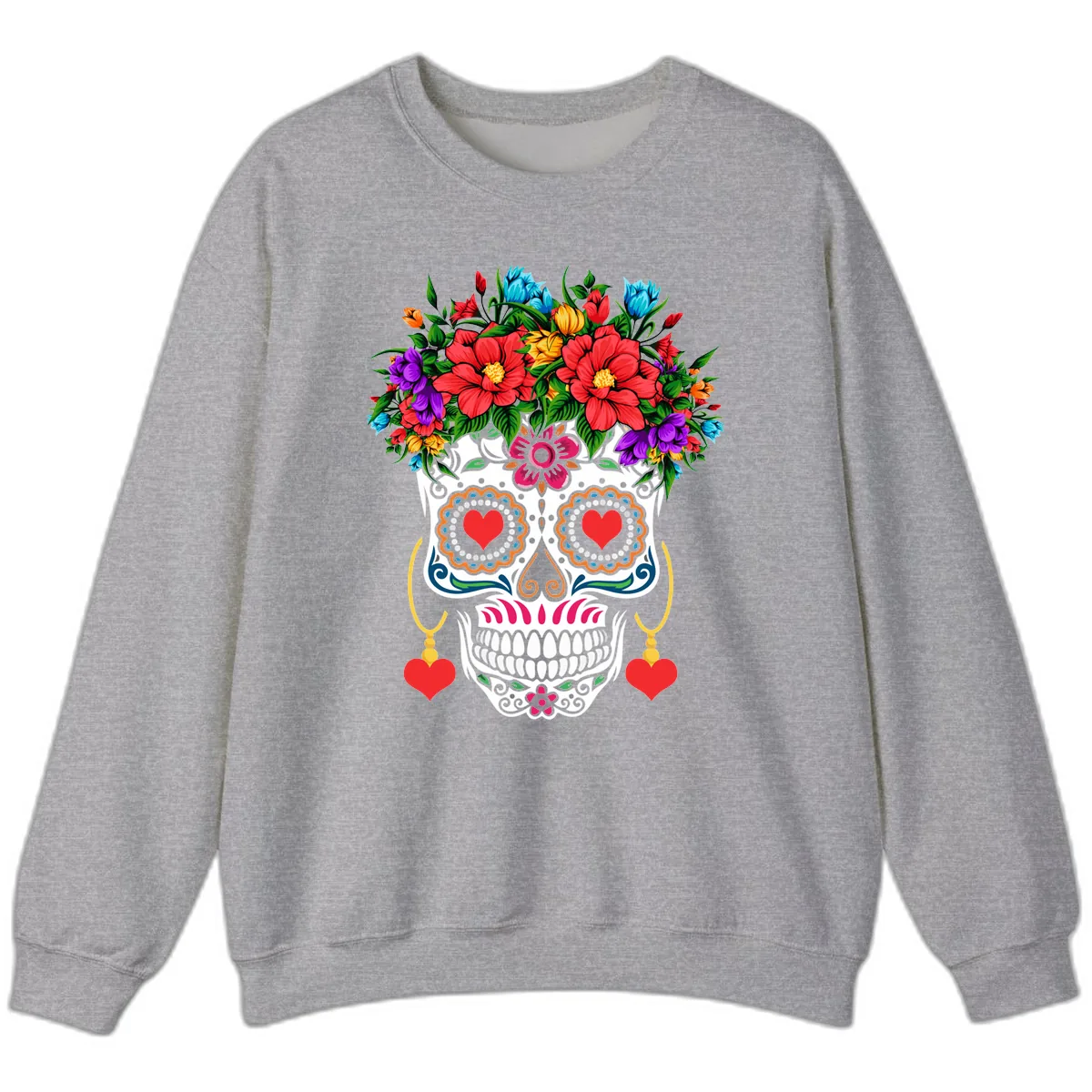 Floral Crown Calavera Sugar Skull Sweatshirt in Sport Grey