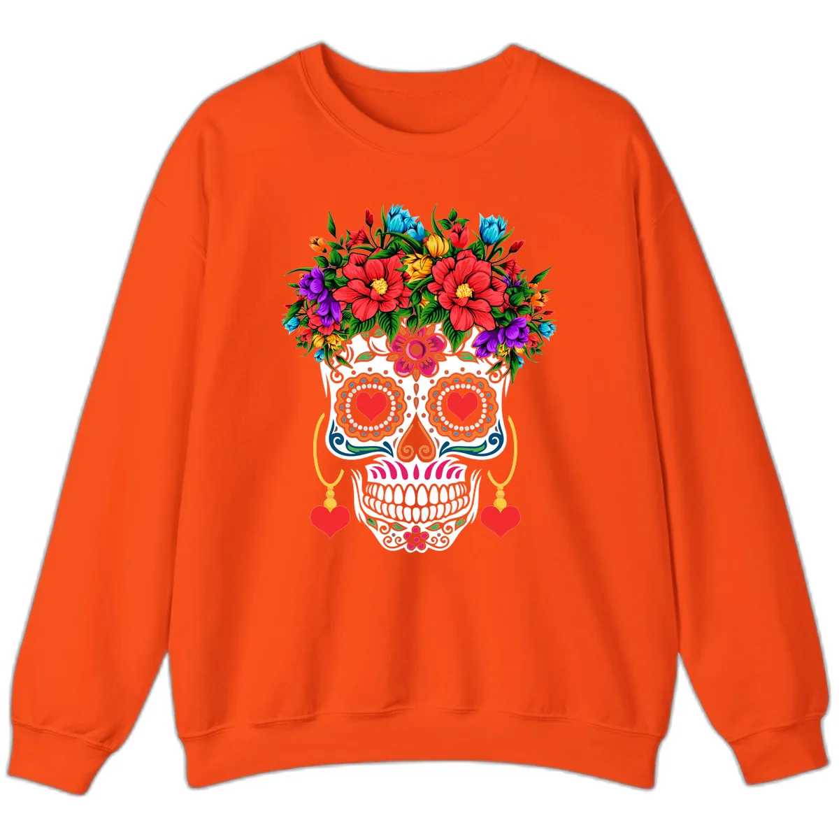 Floral Crown Calavera Sugar Skull Sweatshirt in Orange