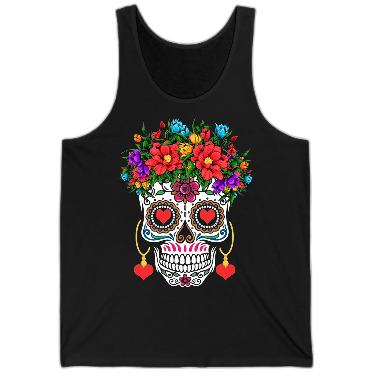 Floral Crown Calavera Sugar Skull Tank in Black
