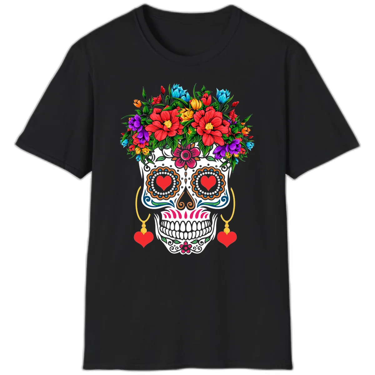 Floral Crown Calavera Sugar Skull T-Shirt in Black