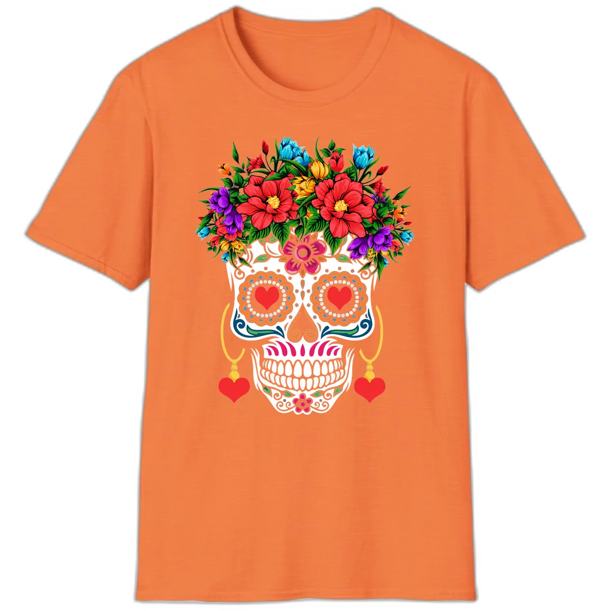 Floral Crown Calavera Sugar Skull T-Shirt in Heather Orange