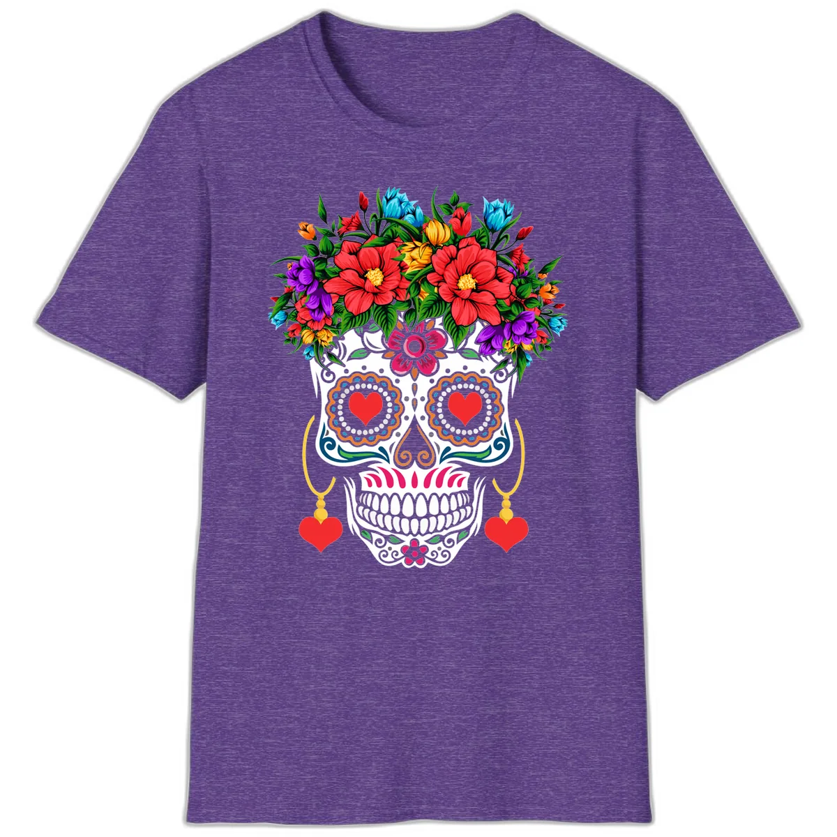 Floral Crown Calavera Sugar Skull T-Shirt in Heather Purple