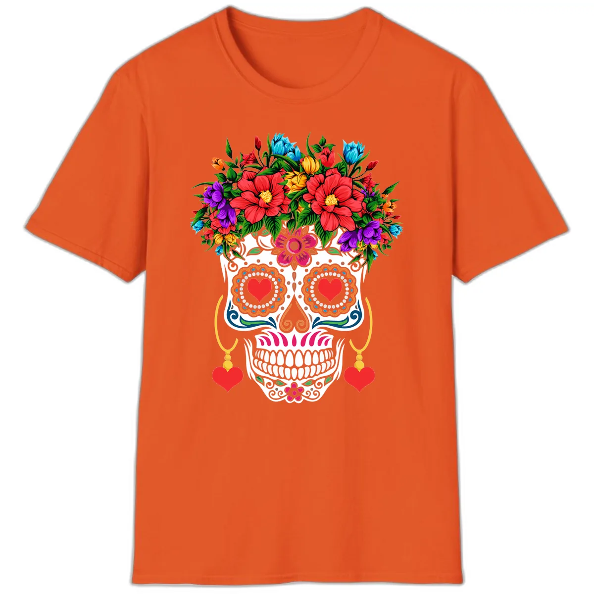 Floral Crown Calavera Sugar Skull T-Shirt in Orange