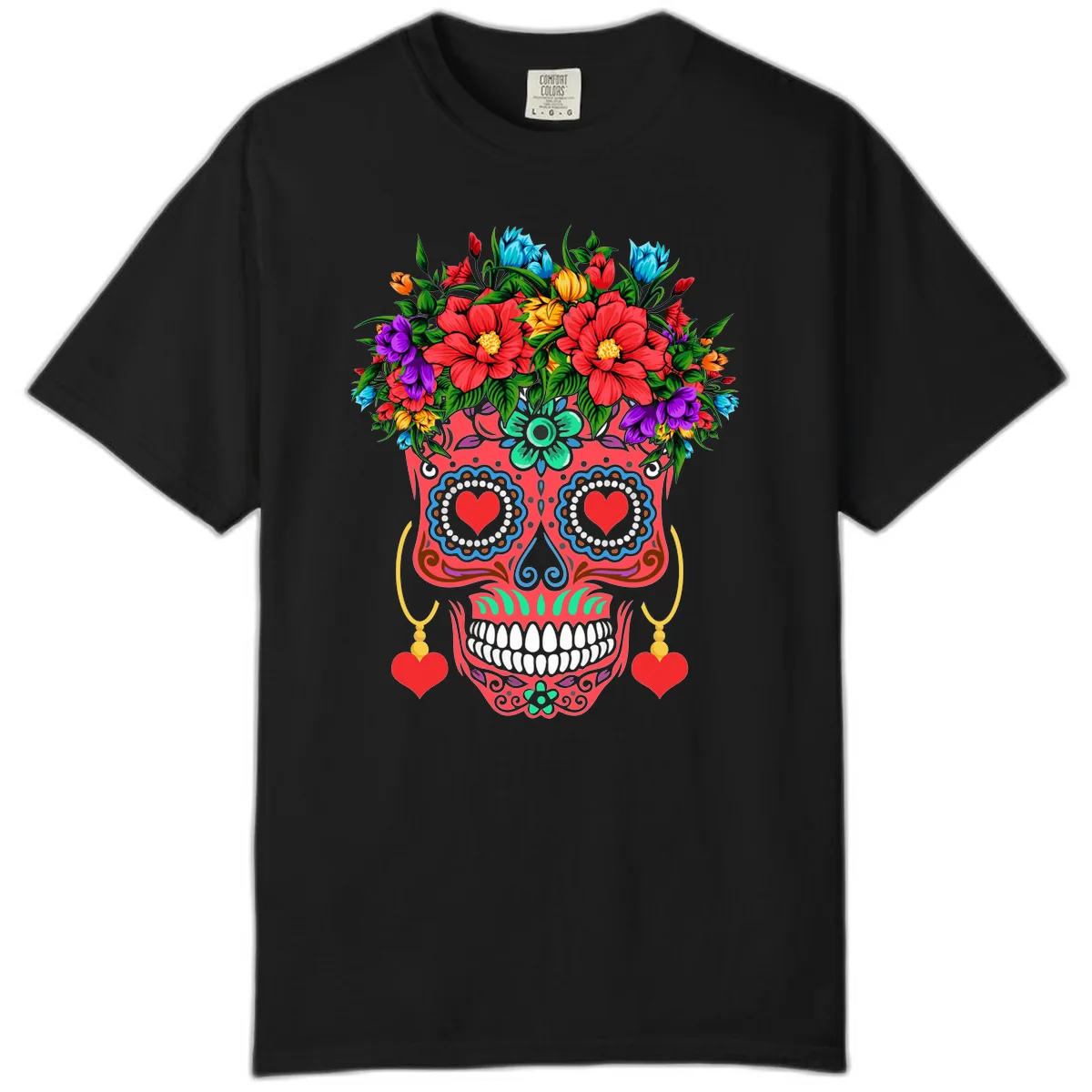 Vibrant Calavera with Flower Crown and Heart Earrings Comfort Color in Black