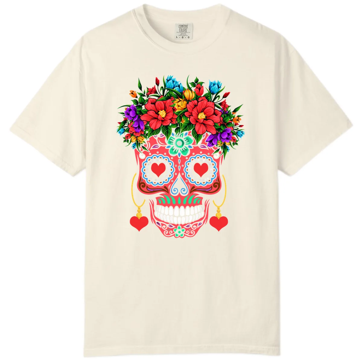 Vibrant Calavera with Flower Crown and Heart Earrings Comfort Color in Ivory