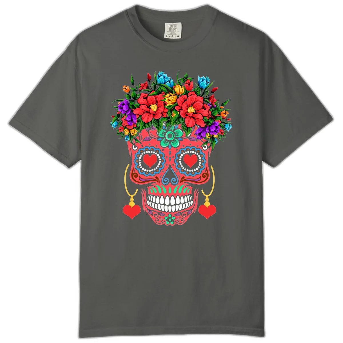 Vibrant Calavera with Flower Crown and Heart Earrings Comfort Color in Pepper