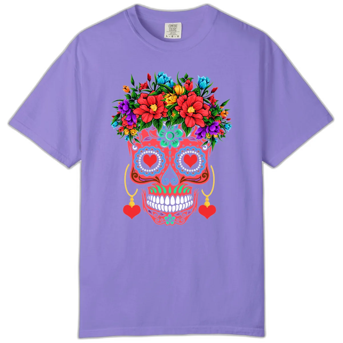 Vibrant Calavera with Flower Crown and Heart Earrings Comfort Color in Violet