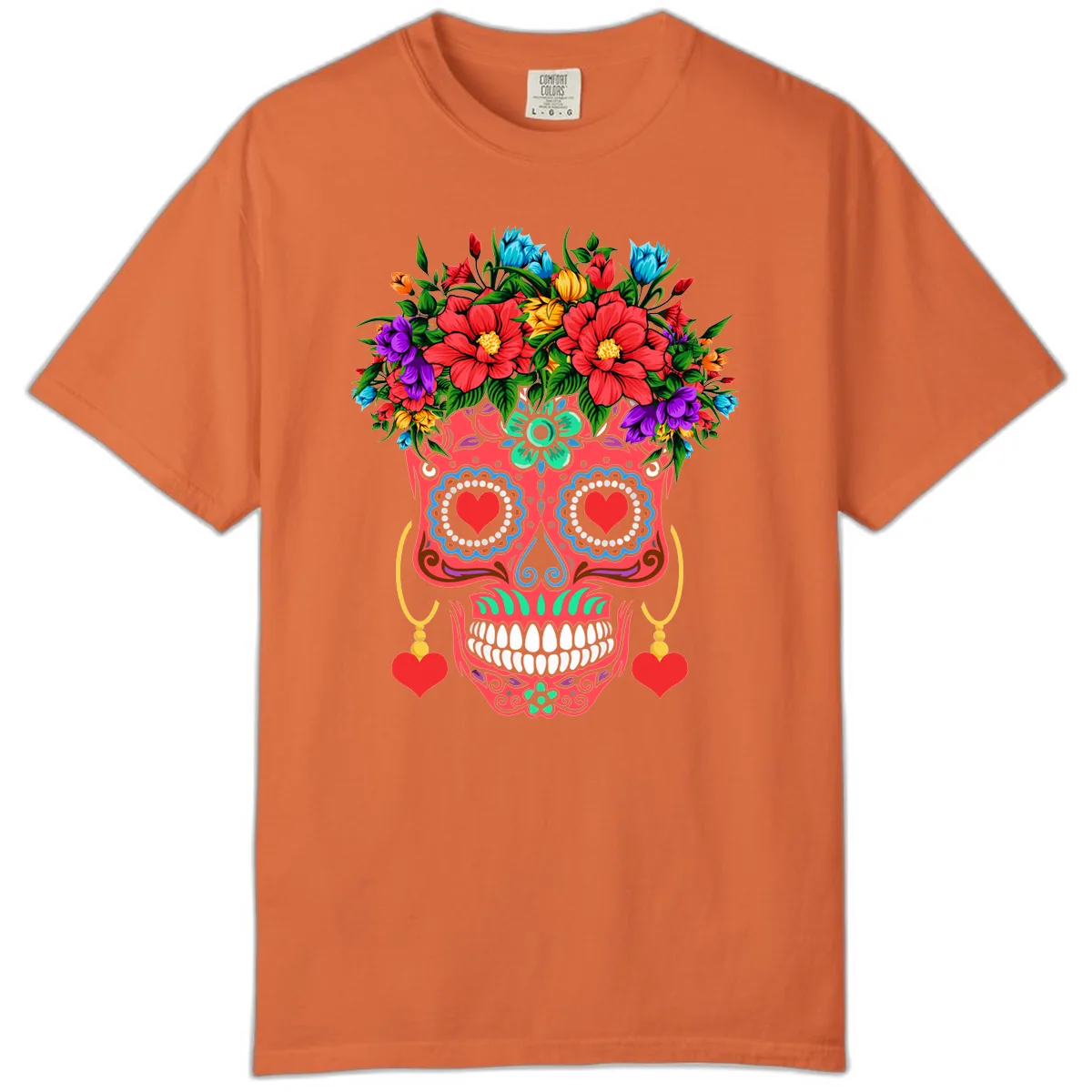 Vibrant Calavera with Flower Crown and Heart Earrings Comfort Color in Burnt Orange