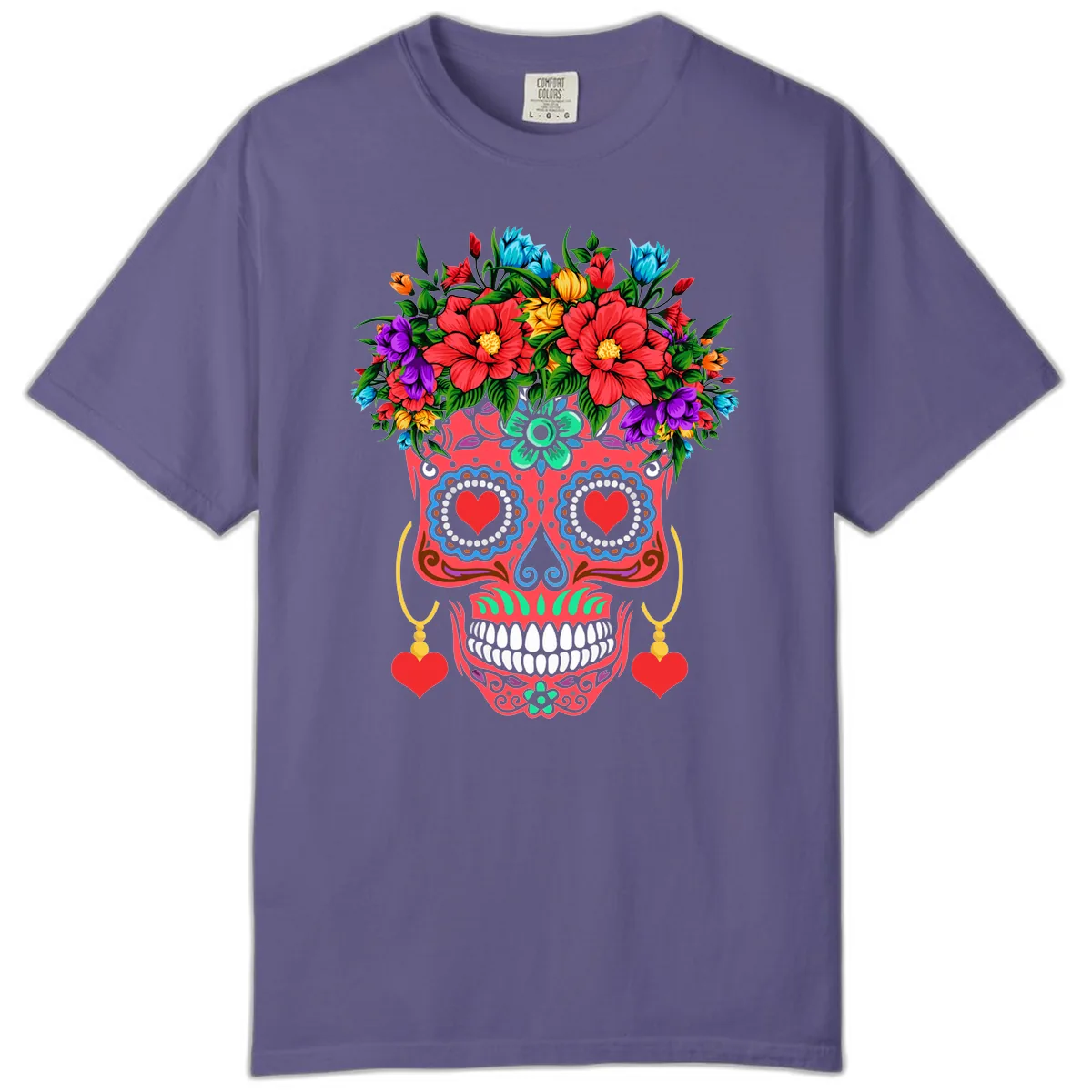Vibrant Calavera with Flower Crown and Heart Earrings Comfort Color in Grape
