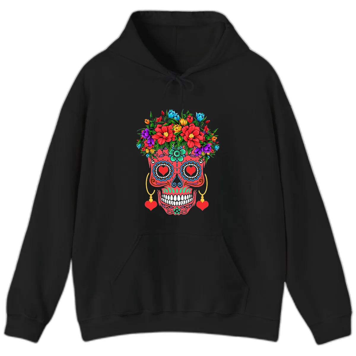 Vibrant Calavera with Flower Crown and Heart Earrings Hoodie in Black