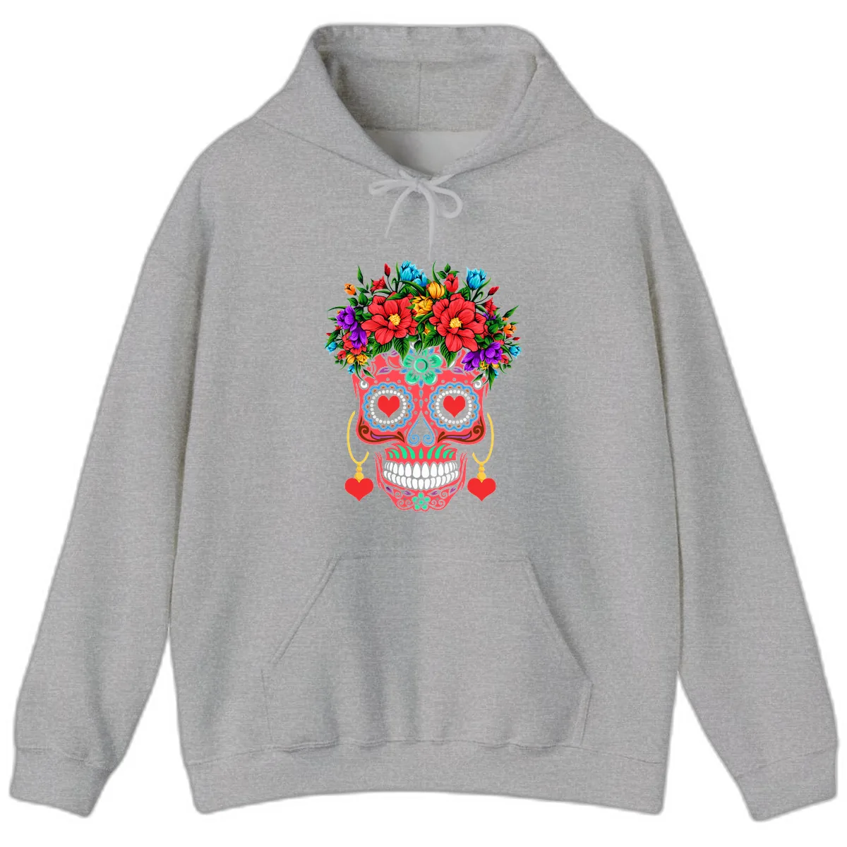 Vibrant Calavera with Flower Crown and Heart Earrings Hoodie in Sport Grey
