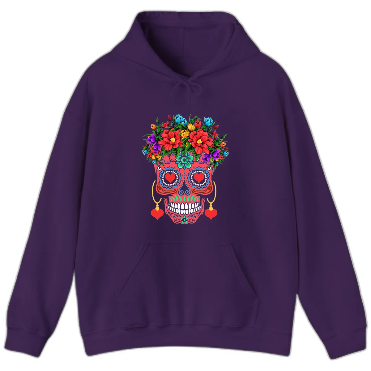 Vibrant Calavera with Flower Crown and Heart Earrings Hoodie in Purple
