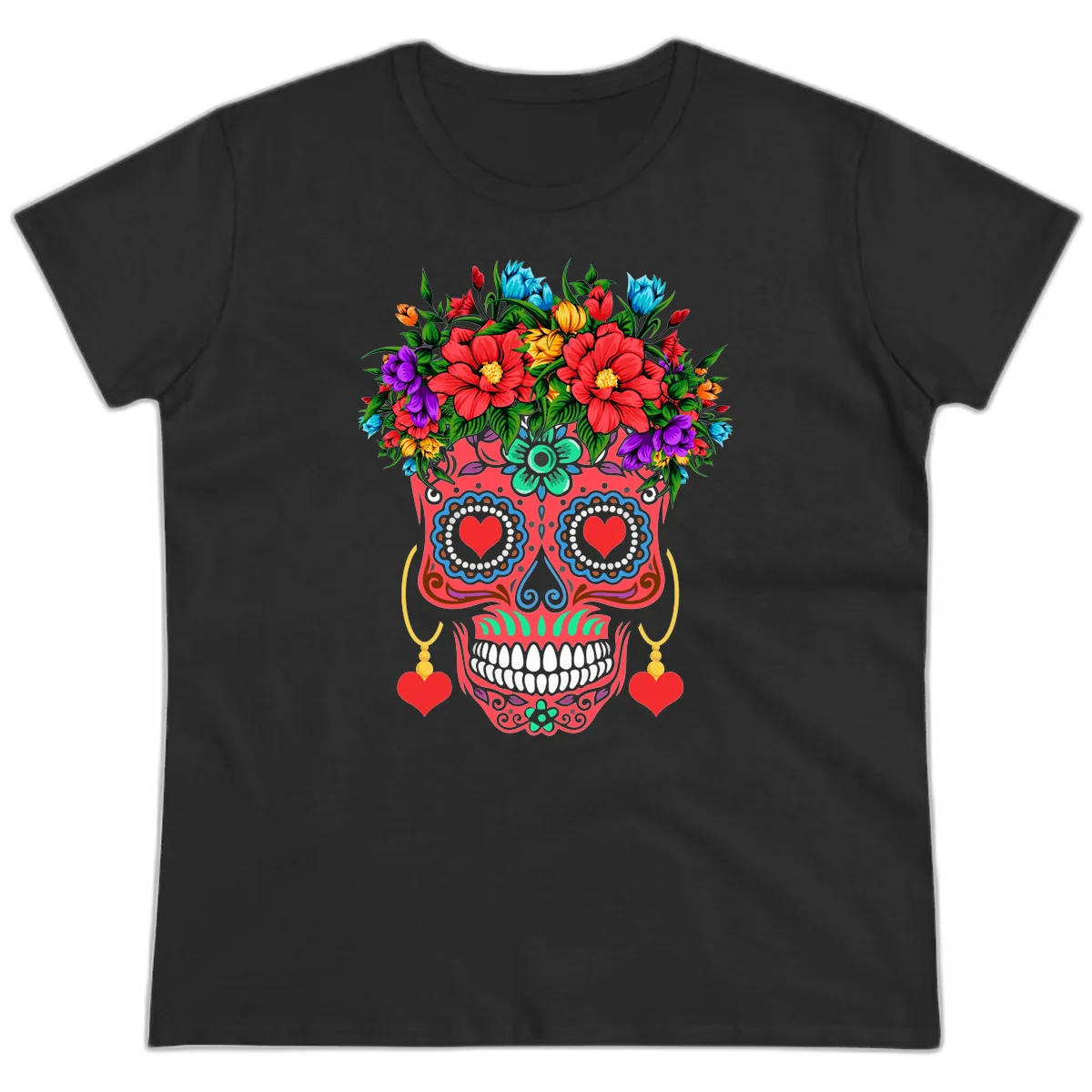 Vibrant Calavera with Flower Crown and Heart Earrings Ladies Tee in Black