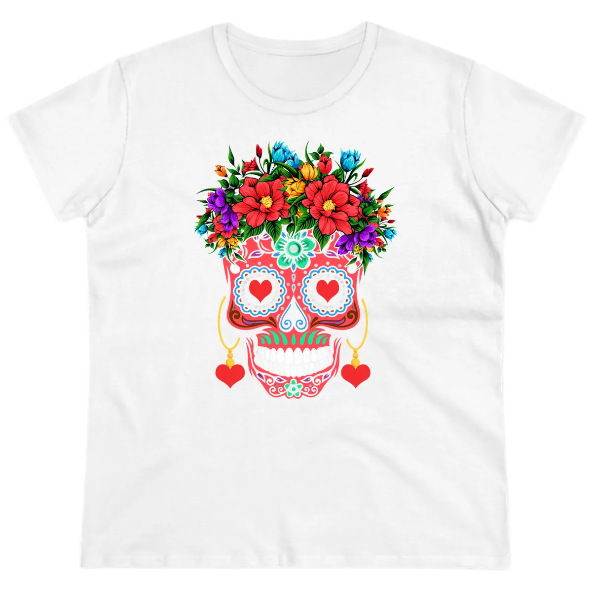 Vibrant Calavera with Flower Crown and Heart Earrings Ladies Tee in White