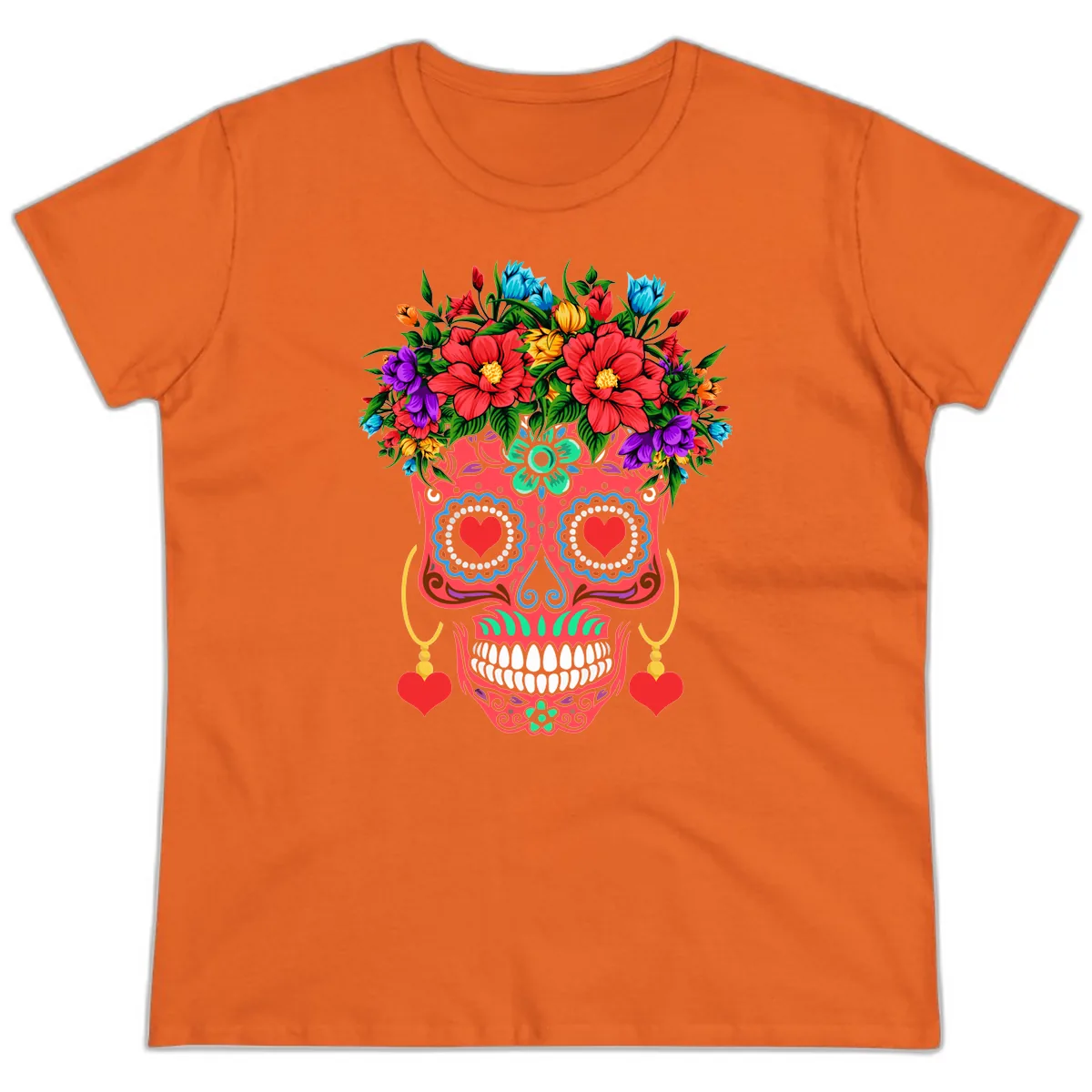 Vibrant Calavera with Flower Crown and Heart Earrings Ladies Tee in Orange