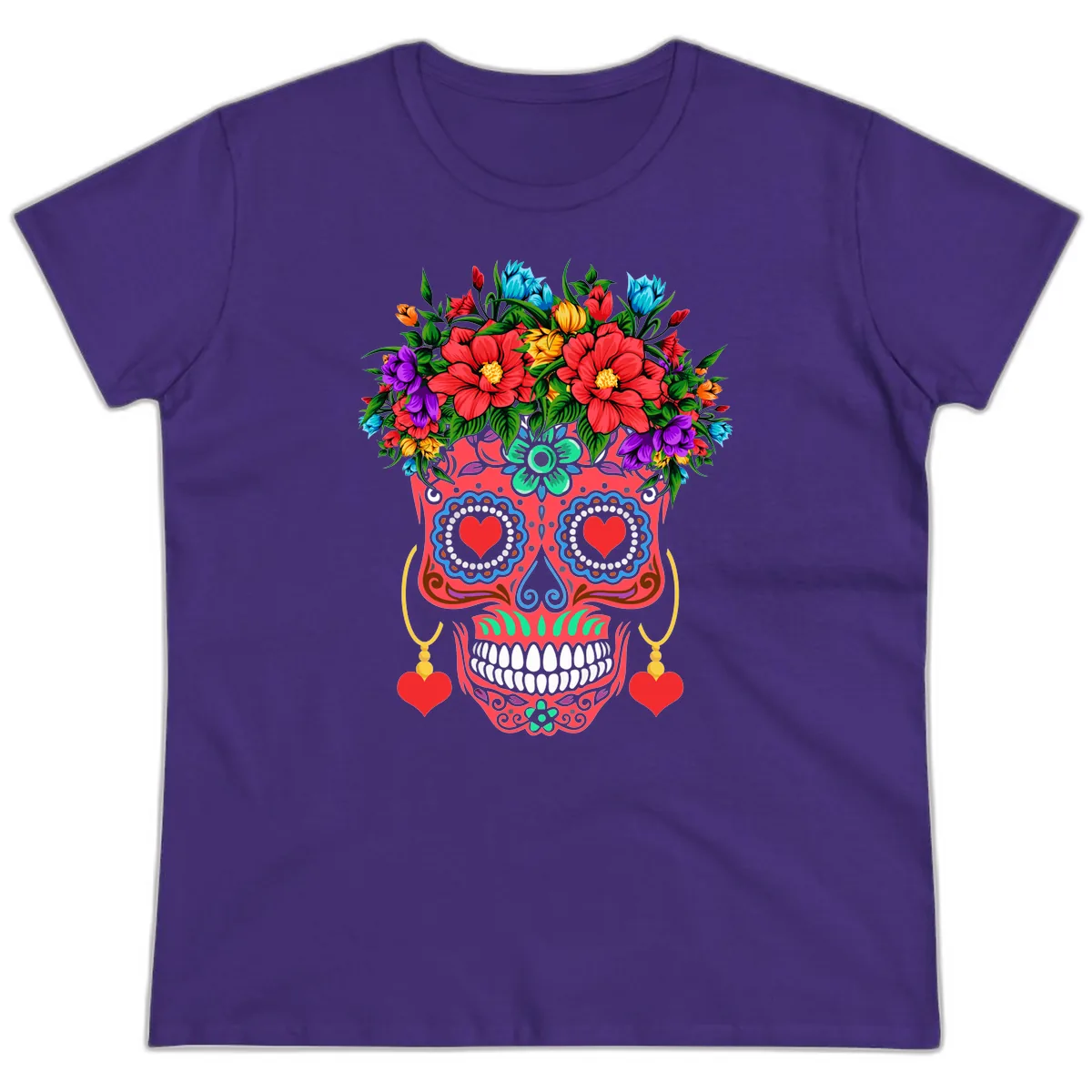 Vibrant Calavera with Flower Crown and Heart Earrings Ladies Tee in Purple