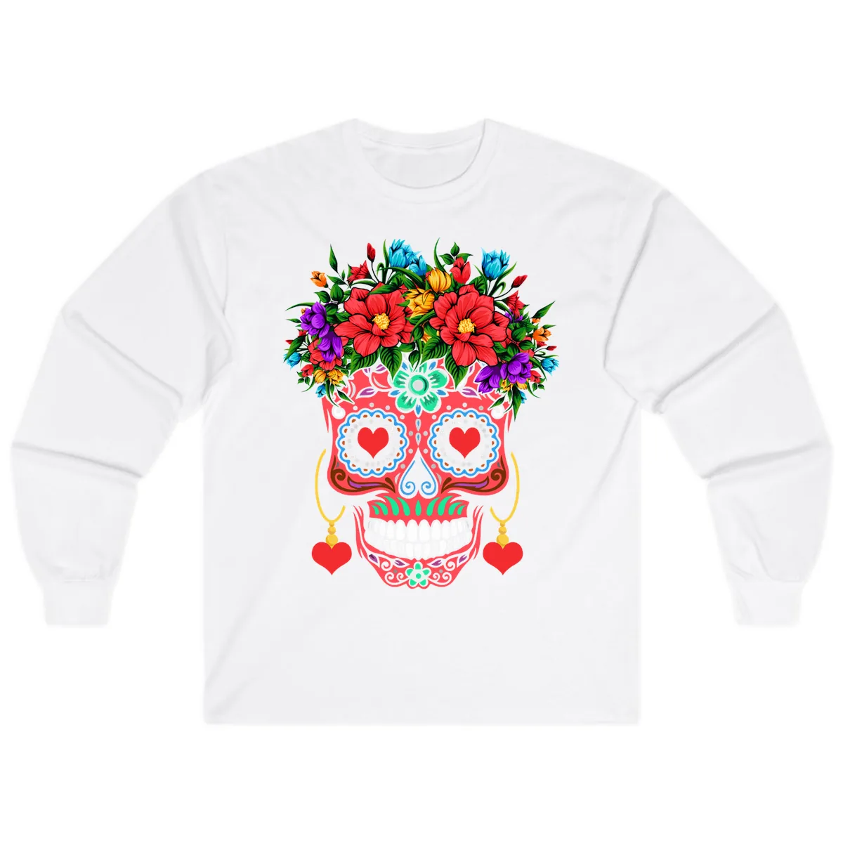 Vibrant Calavera with Flower Crown and Heart Earrings Long Sleeve in White