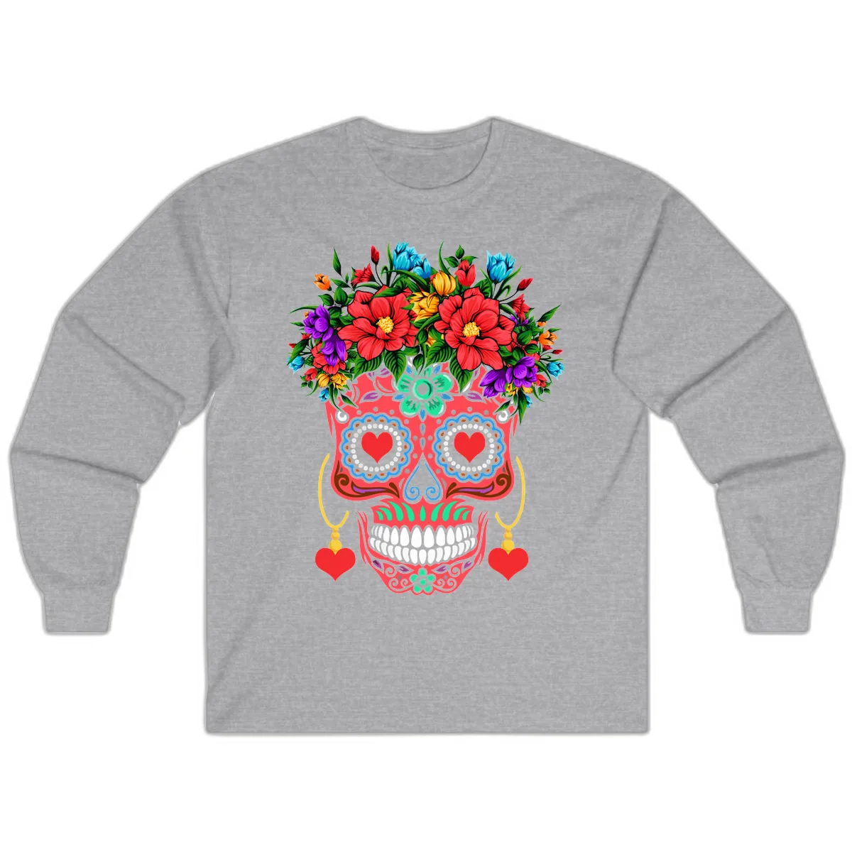 Vibrant Calavera with Flower Crown and Heart Earrings Long Sleeve in Sport Grey