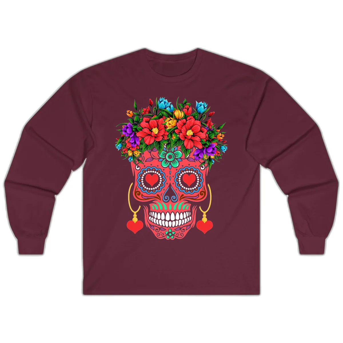 Vibrant Calavera with Flower Crown and Heart Earrings Long Sleeve in Maroon