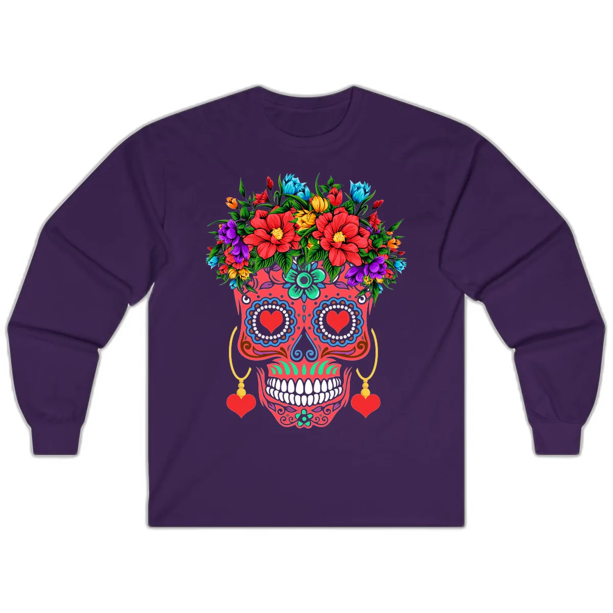 Vibrant Calavera with Flower Crown and Heart Earrings Long Sleeve in Purple