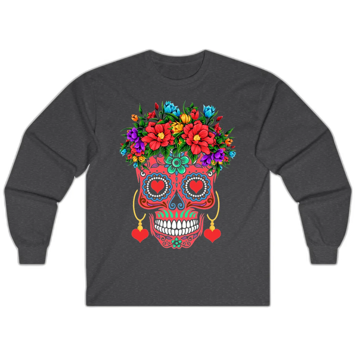 Vibrant Calavera with Flower Crown and Heart Earrings Long Sleeve in Dark Heather