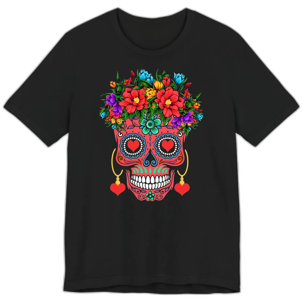 Vibrant Calavera with Flower Crown and Heart Earrings Premium T-Shirt in Black