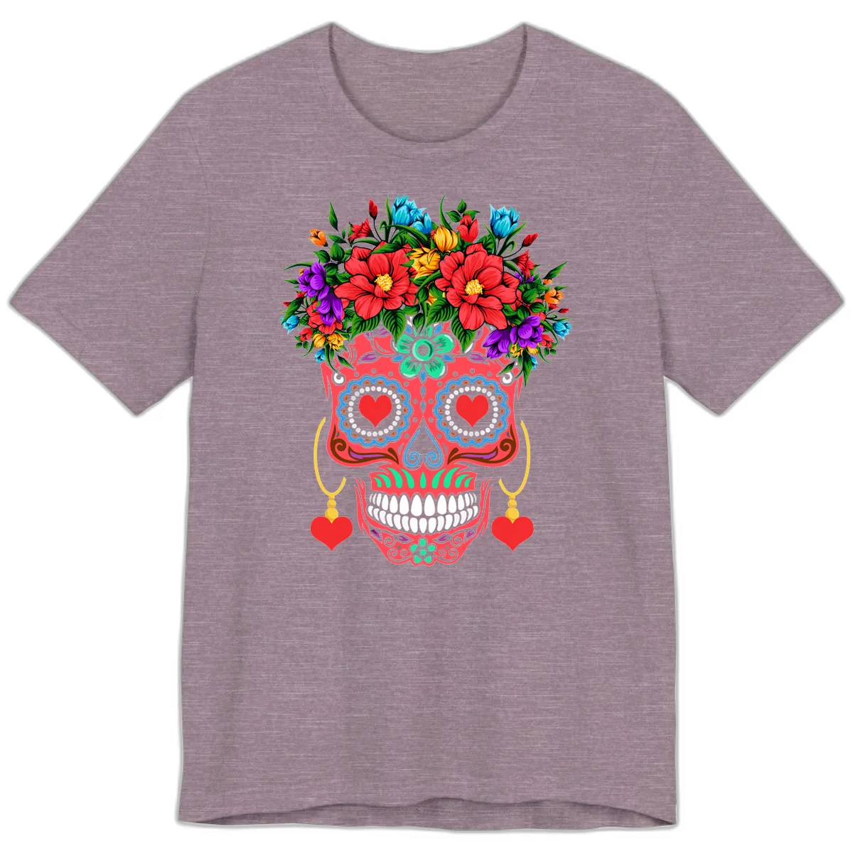 Vibrant Calavera with Flower Crown and Heart Earrings Premium T-Shirt in Heather Purple