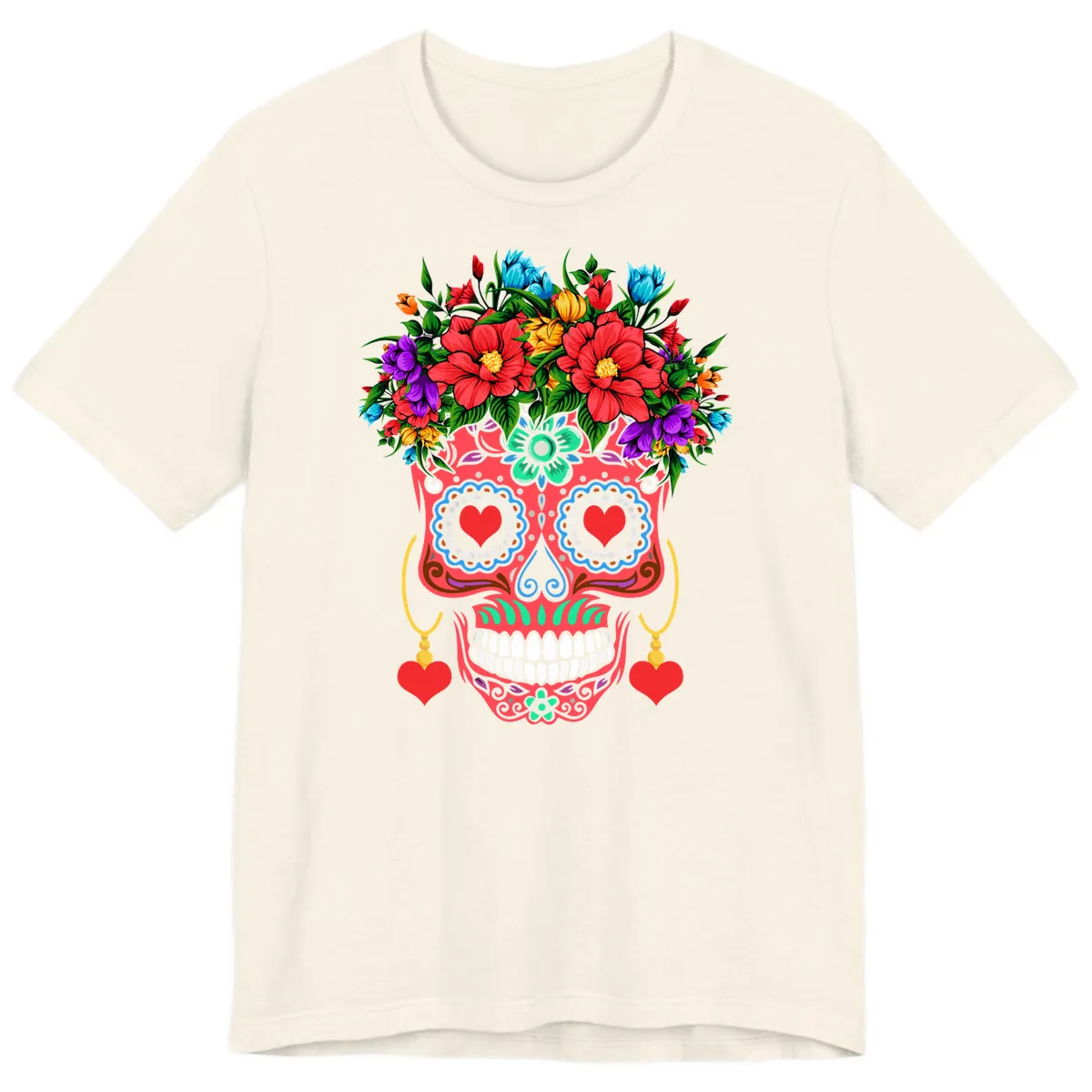 Vibrant Calavera with Flower Crown and Heart Earrings Premium T-Shirt in Natural