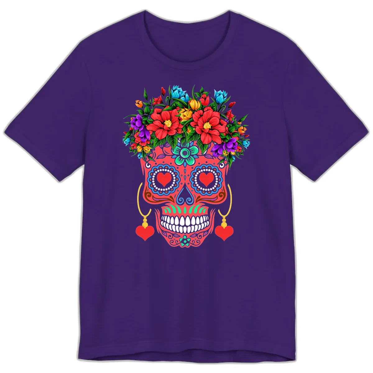 Vibrant Calavera with Flower Crown and Heart Earrings Premium T-Shirt in Team Purple