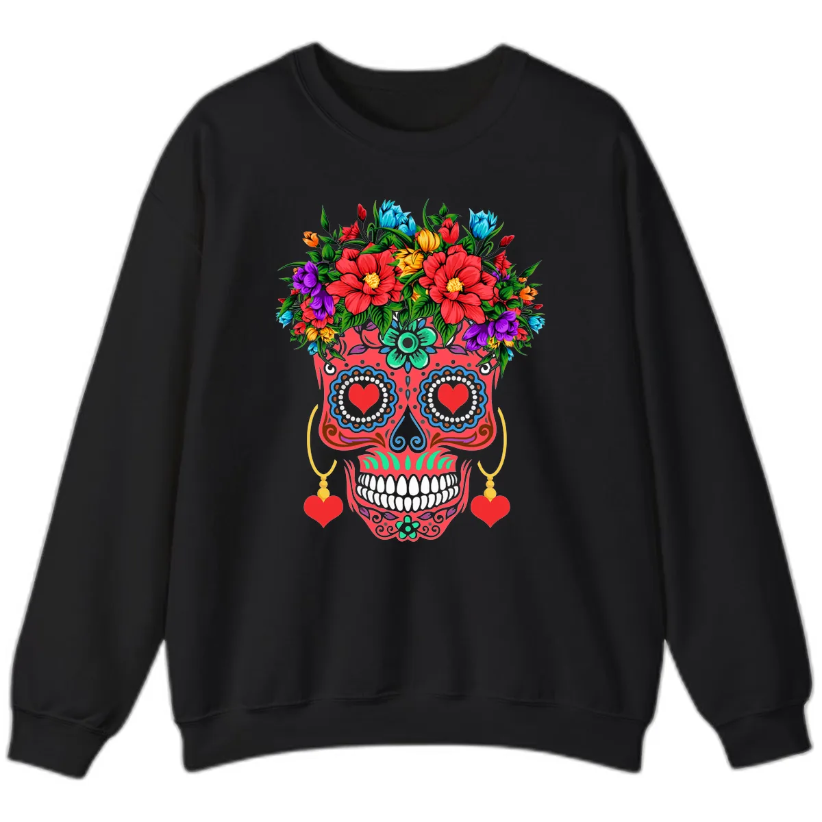 Vibrant Calavera with Flower Crown and Heart Earrings Sweatshirt in Black