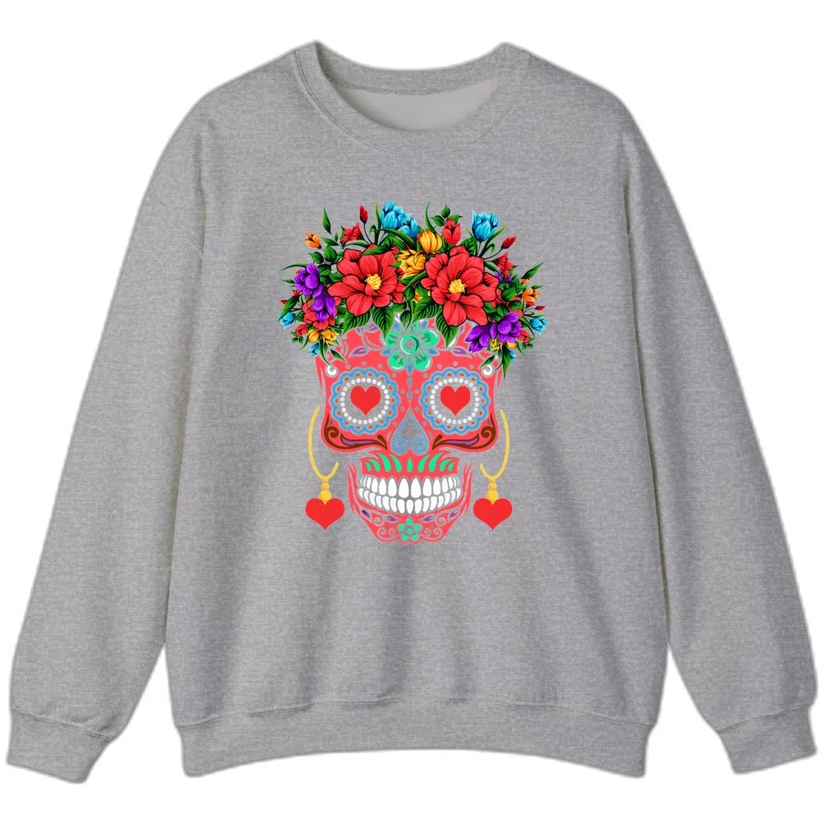 Vibrant Calavera with Flower Crown and Heart Earrings Sweatshirt in Sport Grey