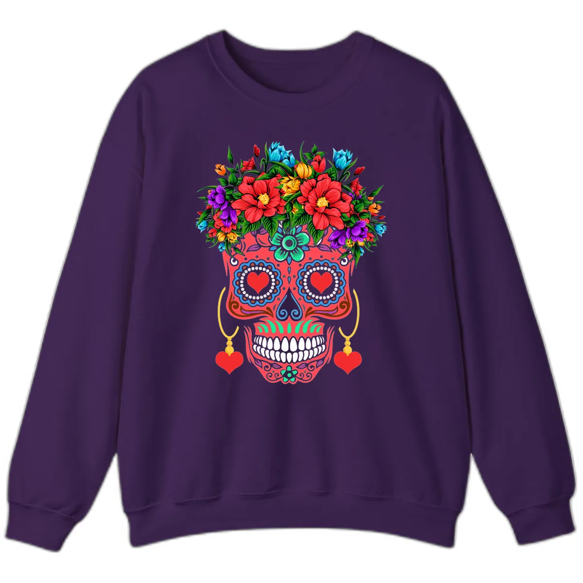 Vibrant Calavera with Flower Crown and Heart Earrings Sweatshirt in Purple