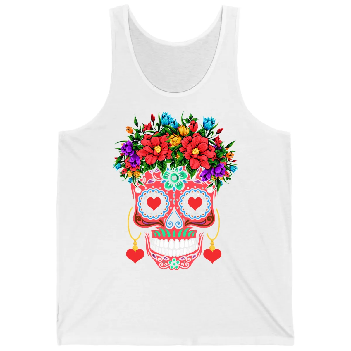 Vibrant Calavera with Flower Crown and Heart Earrings Tank in White