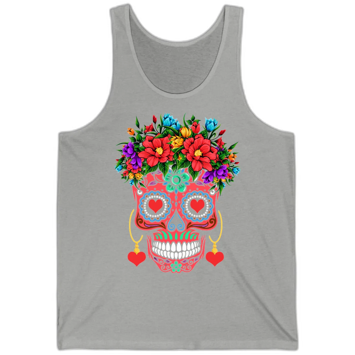Vibrant Calavera with Flower Crown and Heart Earrings Tank in Athletic Heather