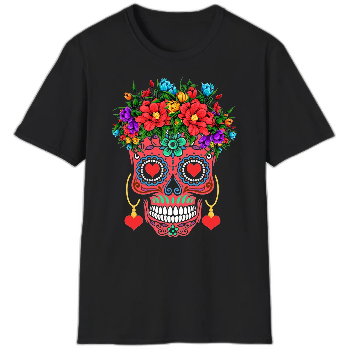 Vibrant Calavera with Flower Crown and Heart Earrings T-Shirt in Black