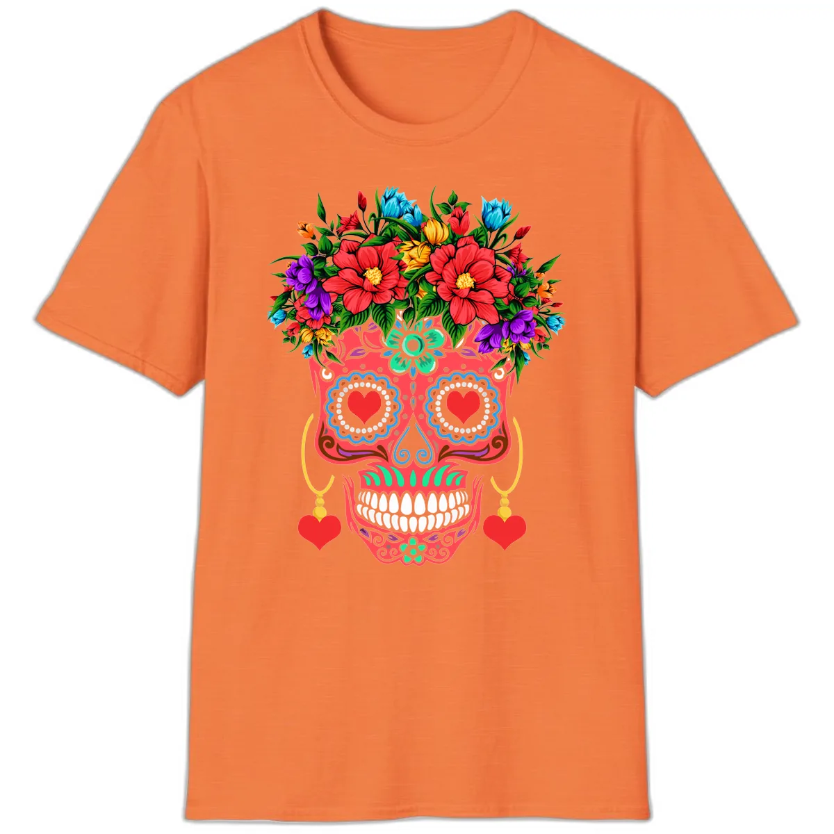 Vibrant Calavera with Flower Crown and Heart Earrings T-Shirt in Heather Orange