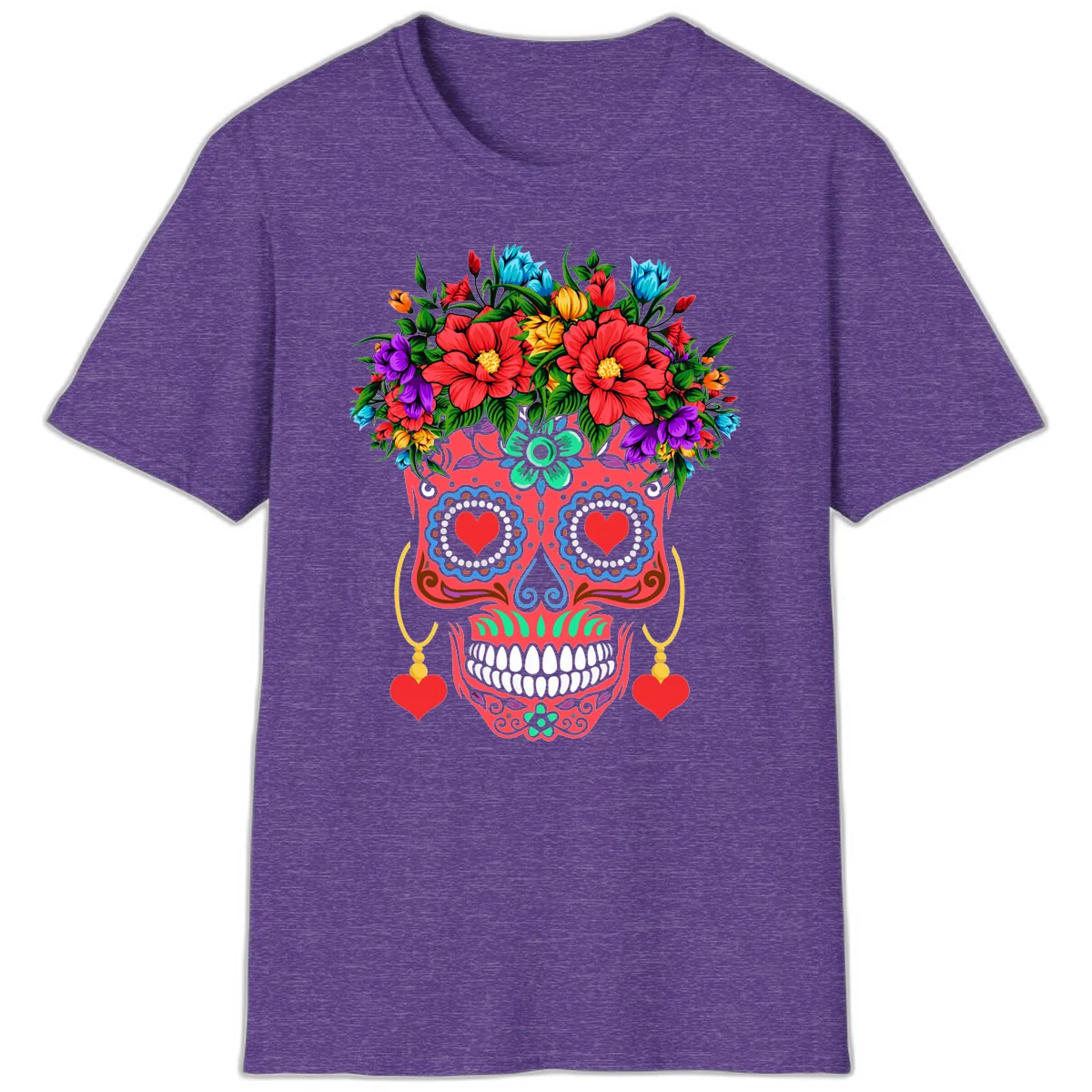 Vibrant Calavera with Flower Crown and Heart Earrings T-Shirt in Heather Purple