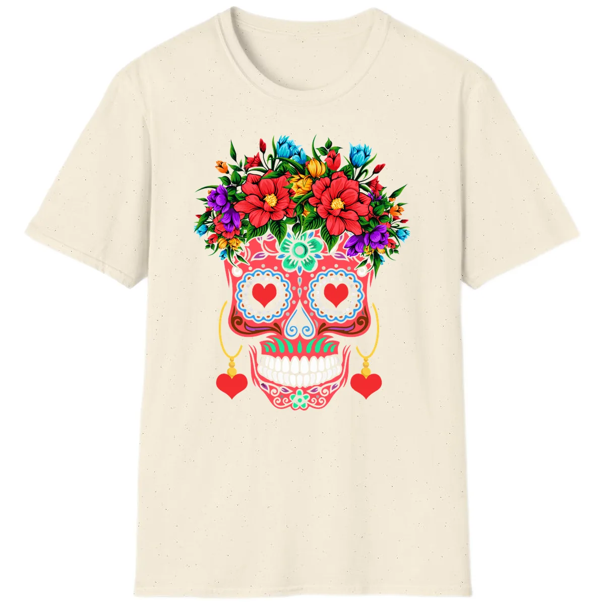 Vibrant Calavera with Flower Crown and Heart Earrings T-Shirt in Natural