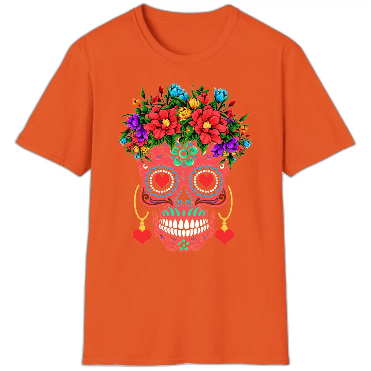 Vibrant Calavera with Flower Crown and Heart Earrings T-Shirt in Orange