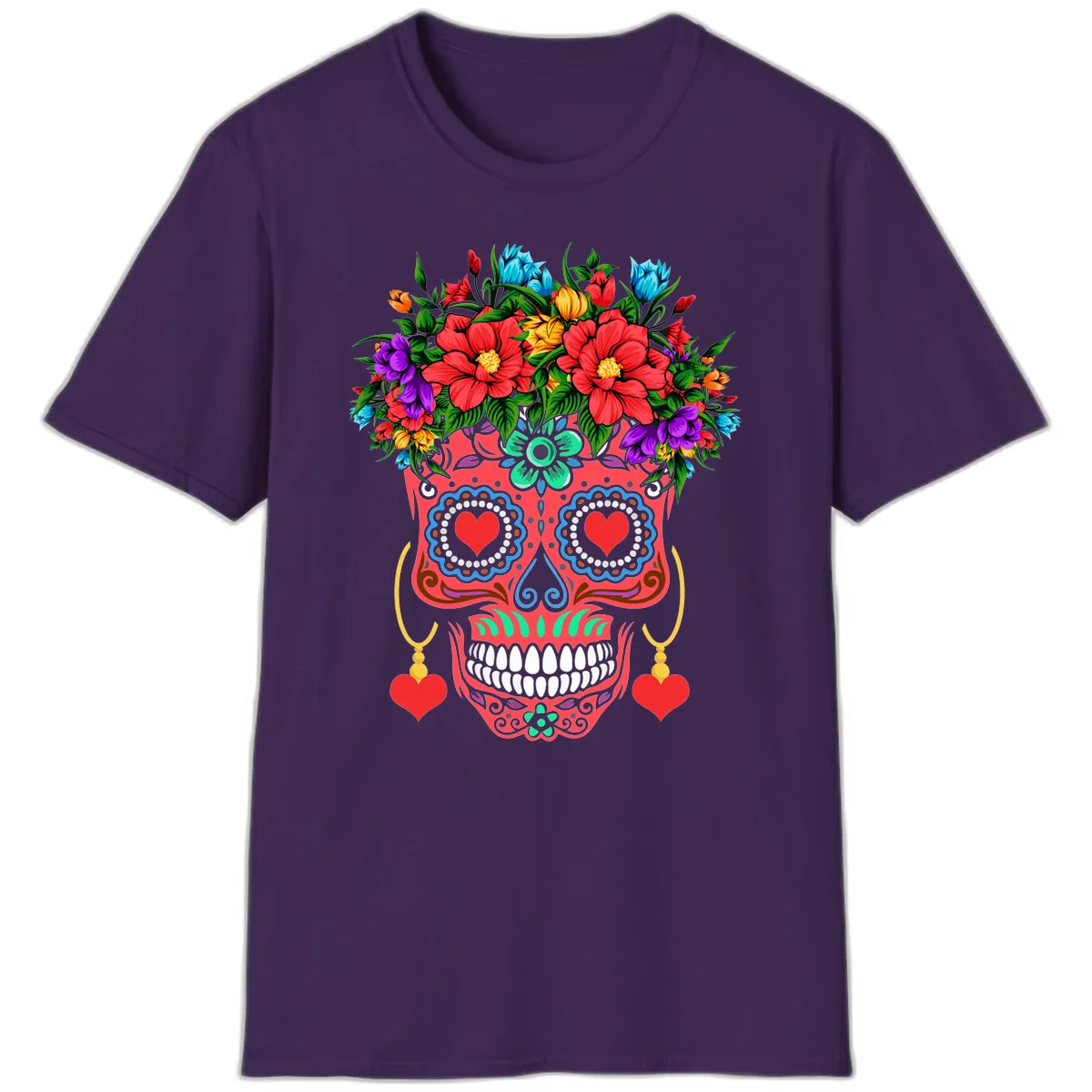 Vibrant Calavera with Flower Crown and Heart Earrings T-Shirt in Purple